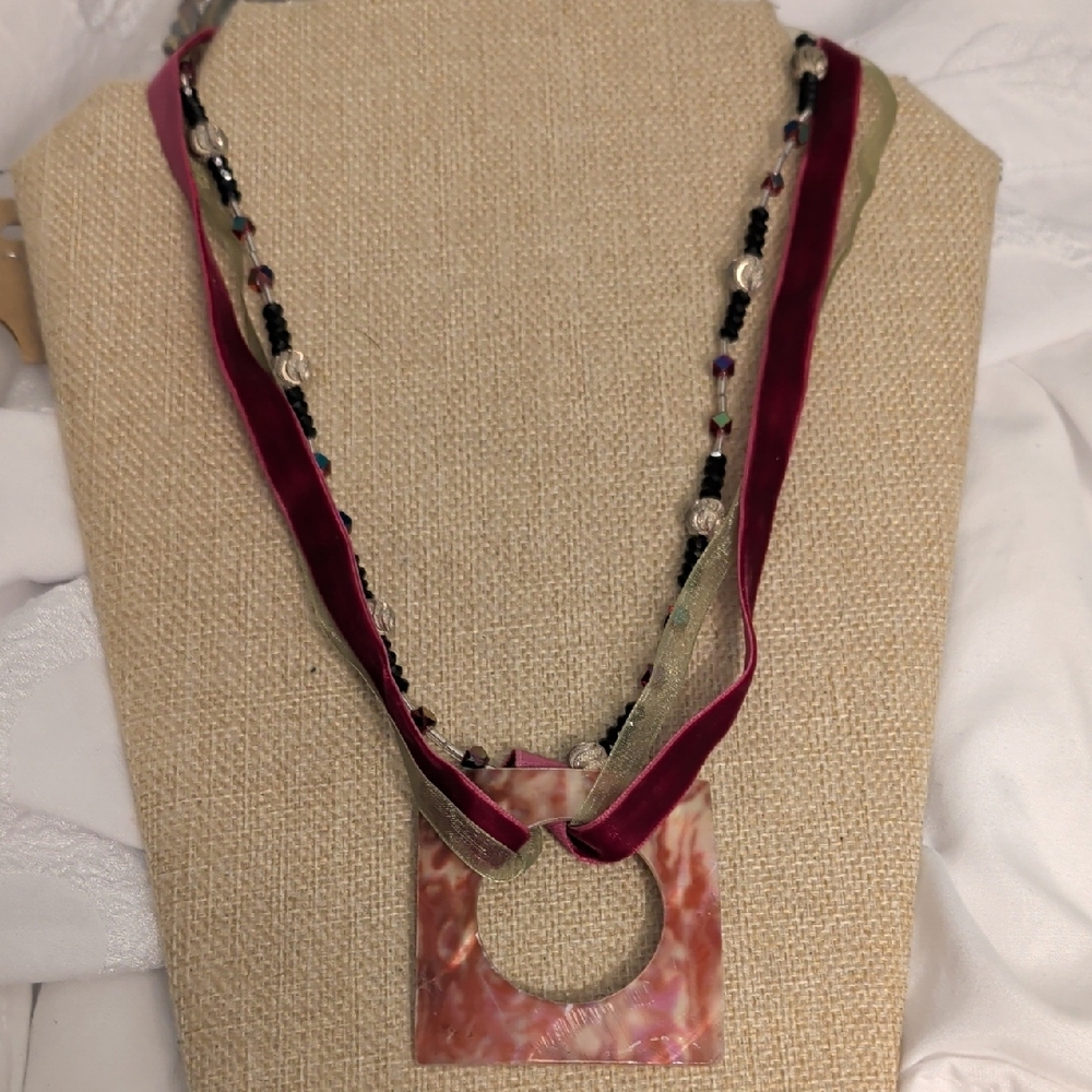 bohemian minimalist  square pendant necklace with Multicolored Beads And Velvet